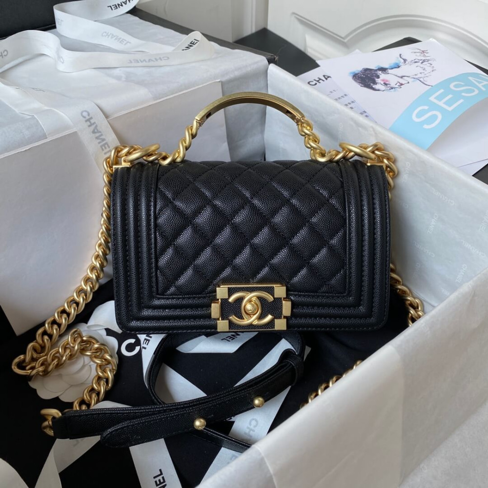 Chanel Boy Flap Bag With Handle Grained Shiny Calfskin A94805