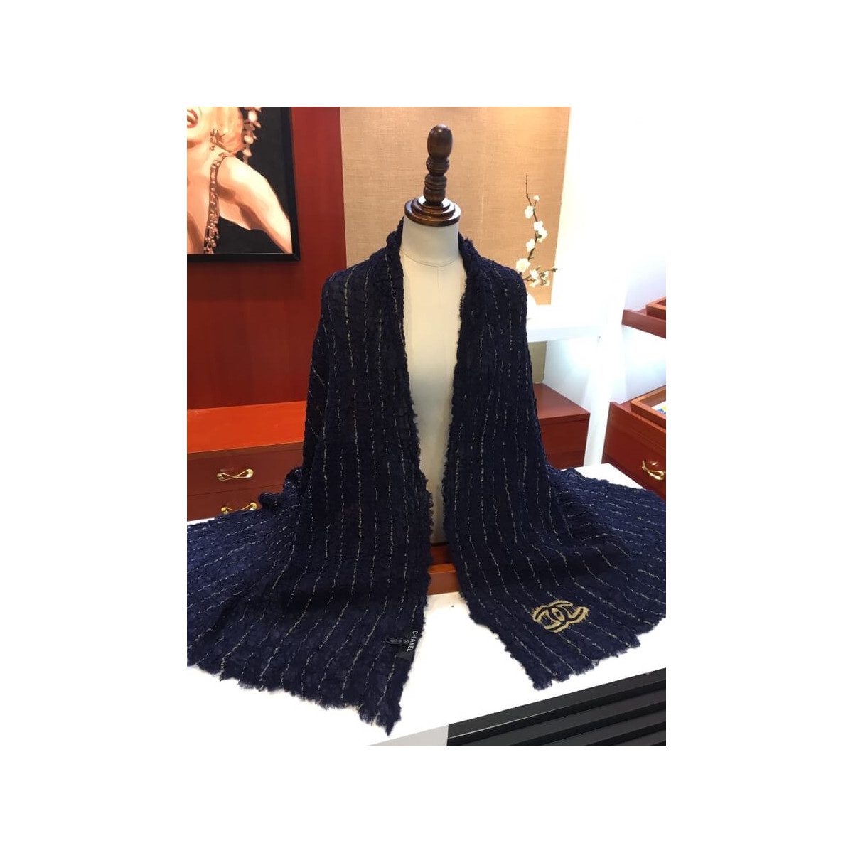 Chanel Cashmere Wool Sequins CC Stole C0924