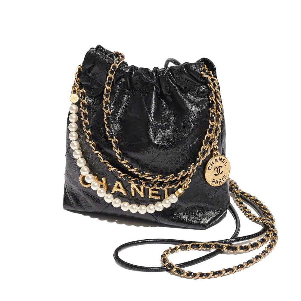 Chanel Mini 22 Handbag in Shiny Crumpled Calfskin Black with Pearl Chain AS4416