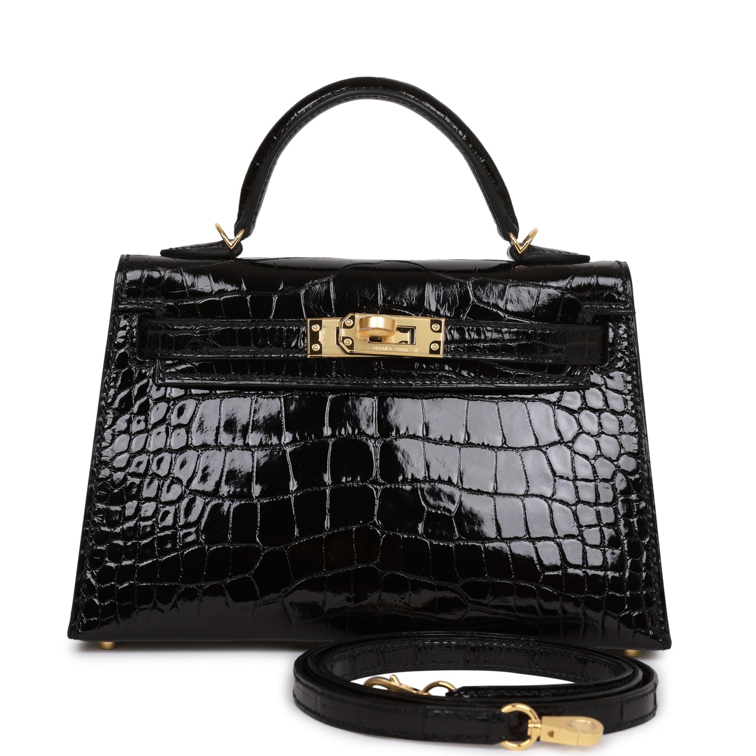 Hermès Kelly Sellier 20 Black Shiny Alligator Gold Hardware