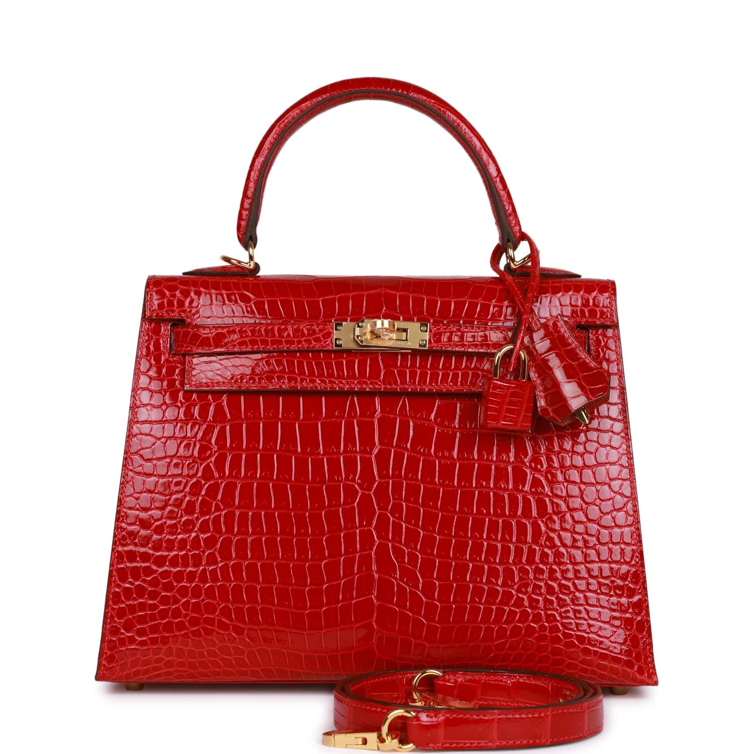 Hermès Kelly Sellier 25 Braise Shiny Porosus Crocodile Gold Hardware